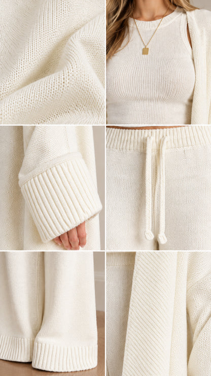Detailed close-up collage showing knit texture, ribbed top neckline, folded cuffs, and waistband drawstring