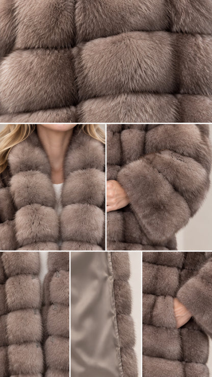 Close-up details of faux fur texture, collar, lining, and pocket construction