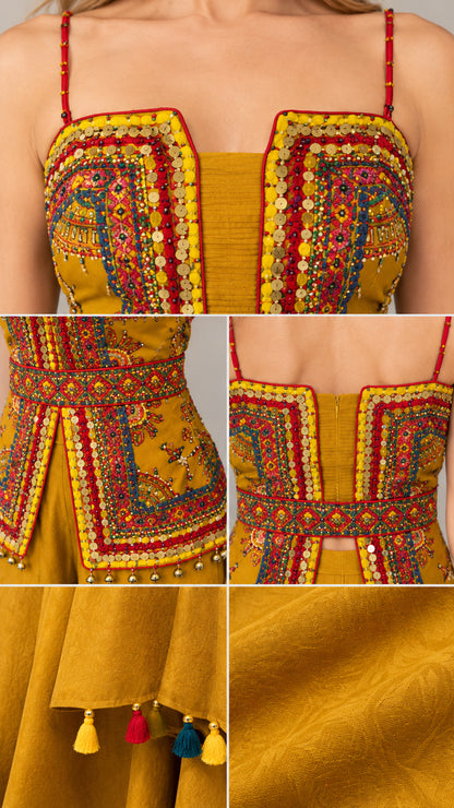 Close-up details of intricate bodice embroidery, tassels, and woven texture