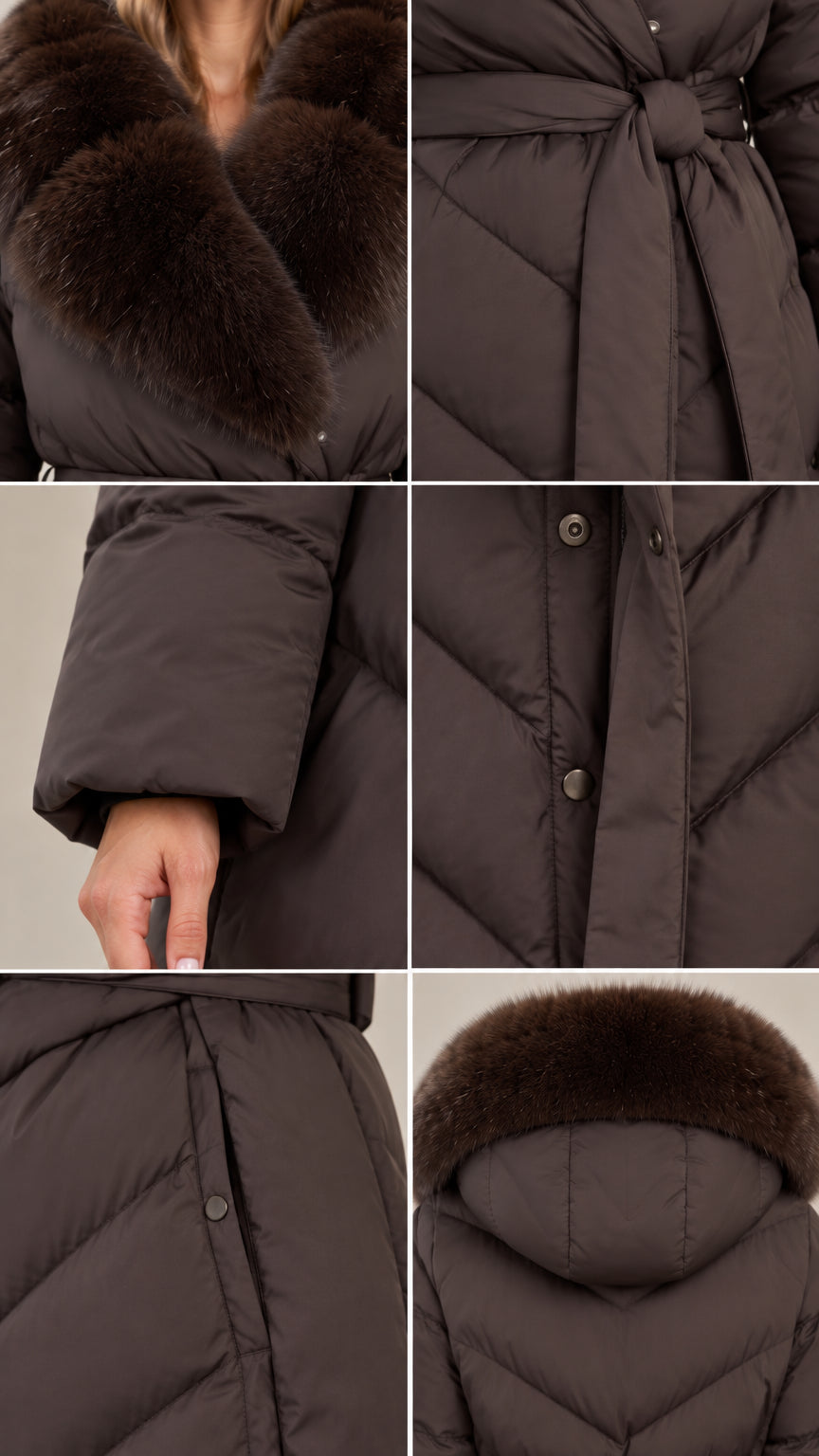Close-up details of dark brown puffer coat showing faux fur collar, tie belt, cuffs, and snaps