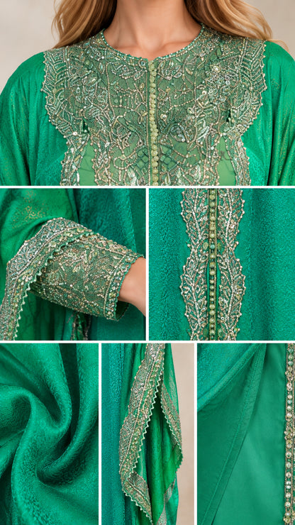Close-up details of metallic embroidery, beaded cuffs, and satin-finish fabric on green kaftan