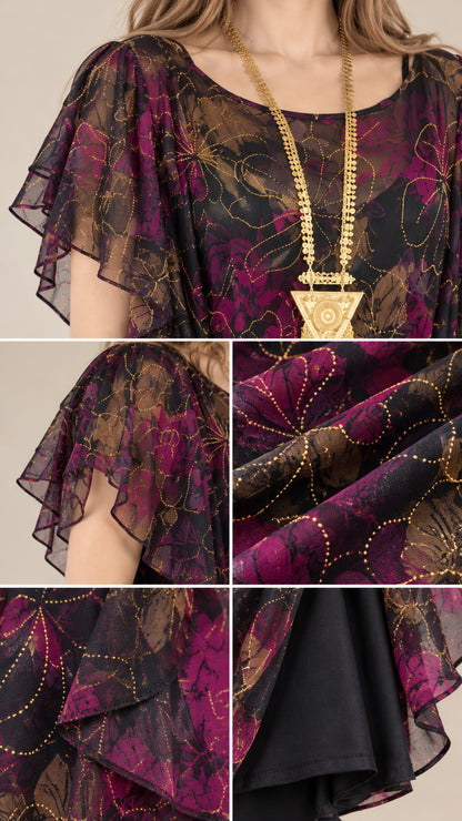 Close-up details of floral chiffon fabric, flutter sleeve, and hem construction