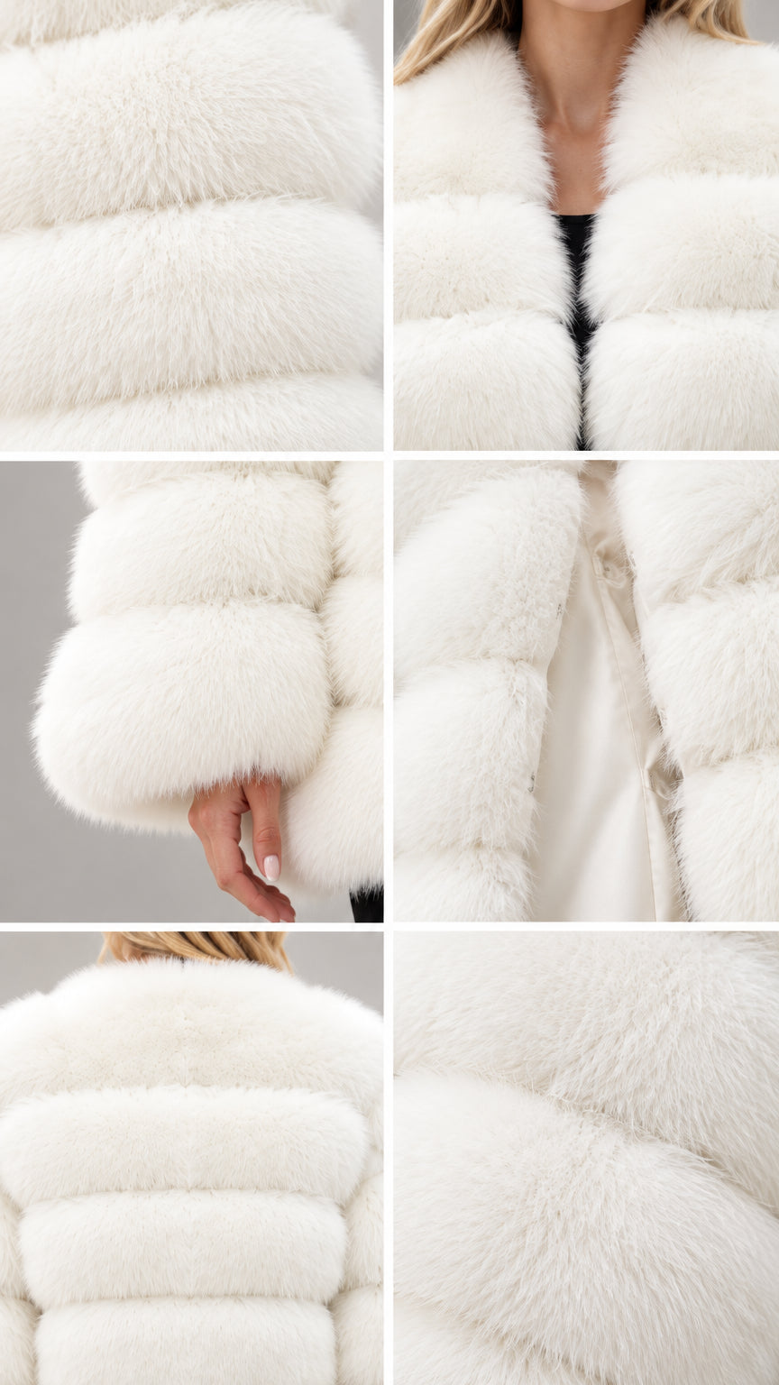 Close-up detail shots showing texture, neckline, sleeve, and lining of white faux fur coat
