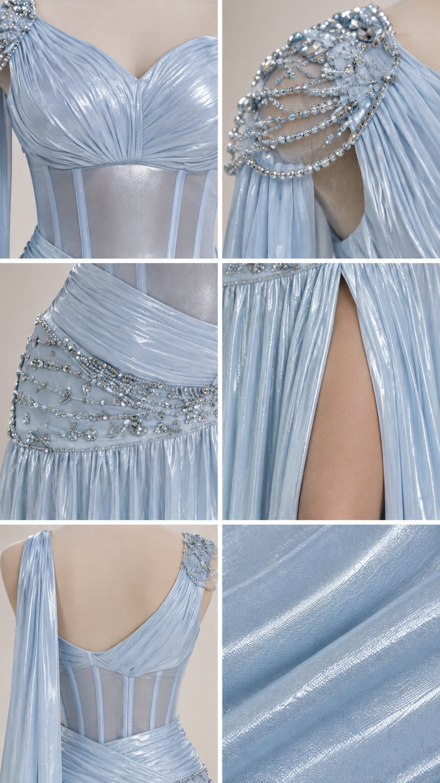 Close-up details of beaded shoulder, corset boning, waist crystals, and metallic pleats