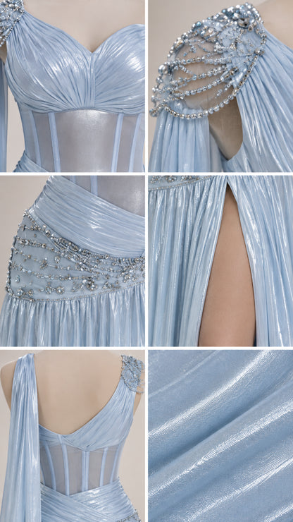 Close-up details of beaded shoulder, corset boning, waist crystals, and metallic pleats