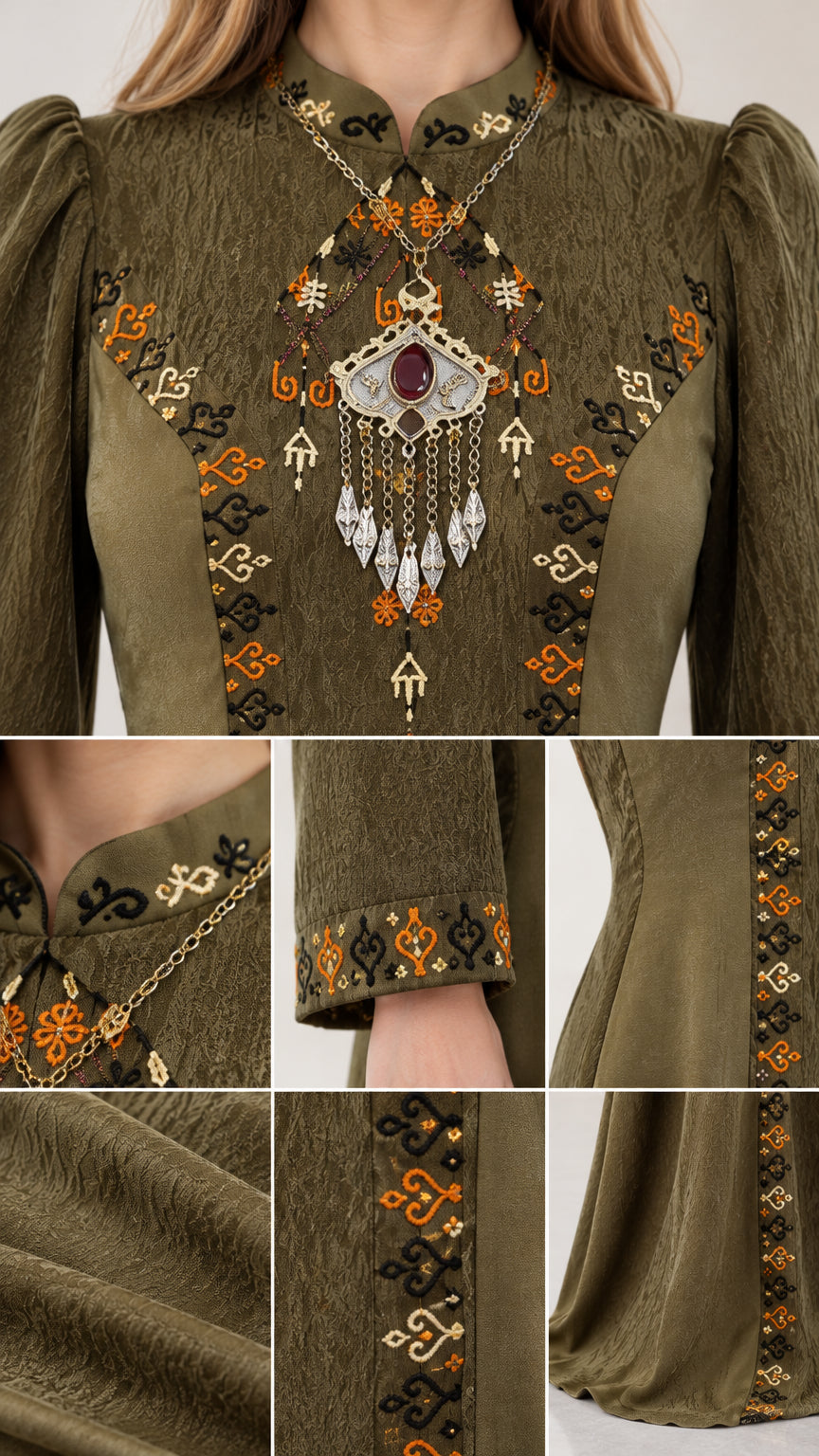 Close-up details of bodice embroidery, collar buttons, textured fabric, and cuffs