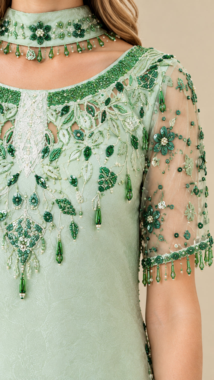 Close-up detail of beaded neckline, choker collar, and embellished sheer sleeve