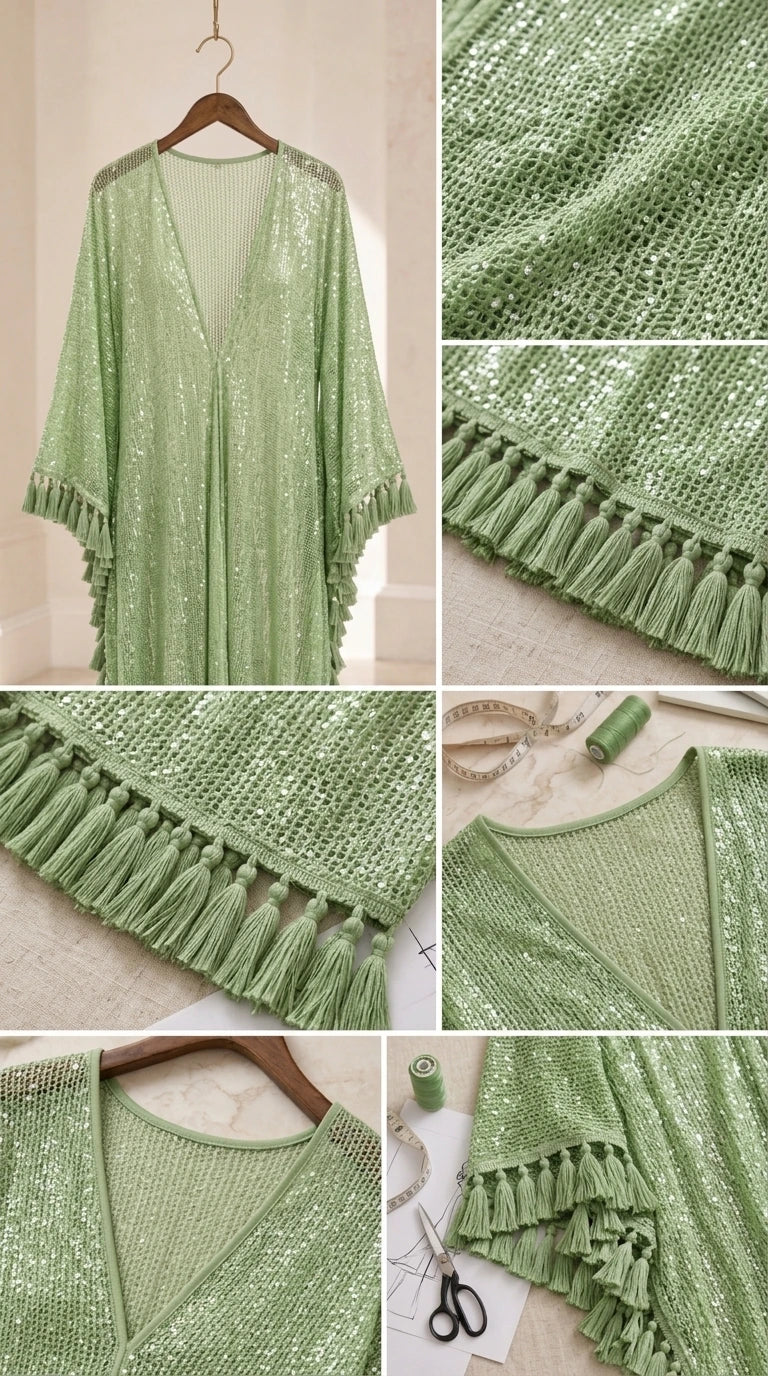 Close-up detail collage showing mint green sequin knit fabric and tassel trim