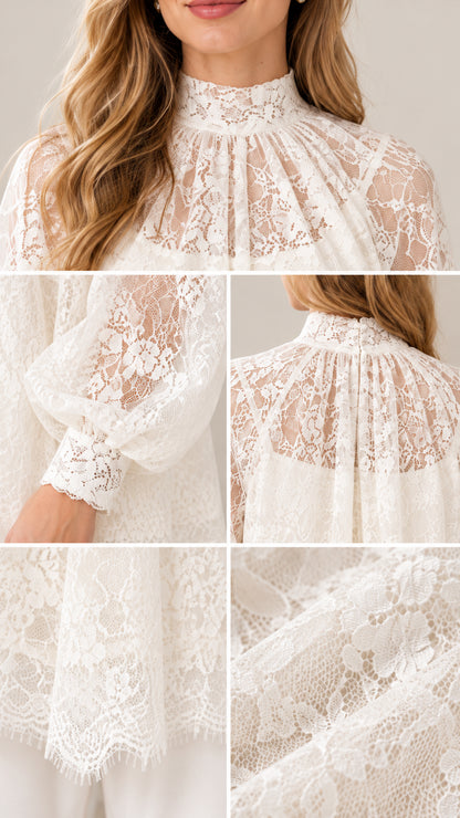 Close-up details of gathered high neck collar, sheer lace cuff, and delicate scalloped lace hem