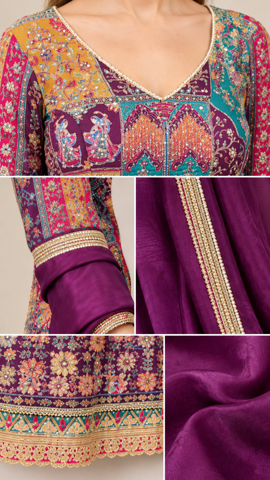Close-up details of intricate neckline embroidery, printed fabric, sleeve cuff, and hem borders