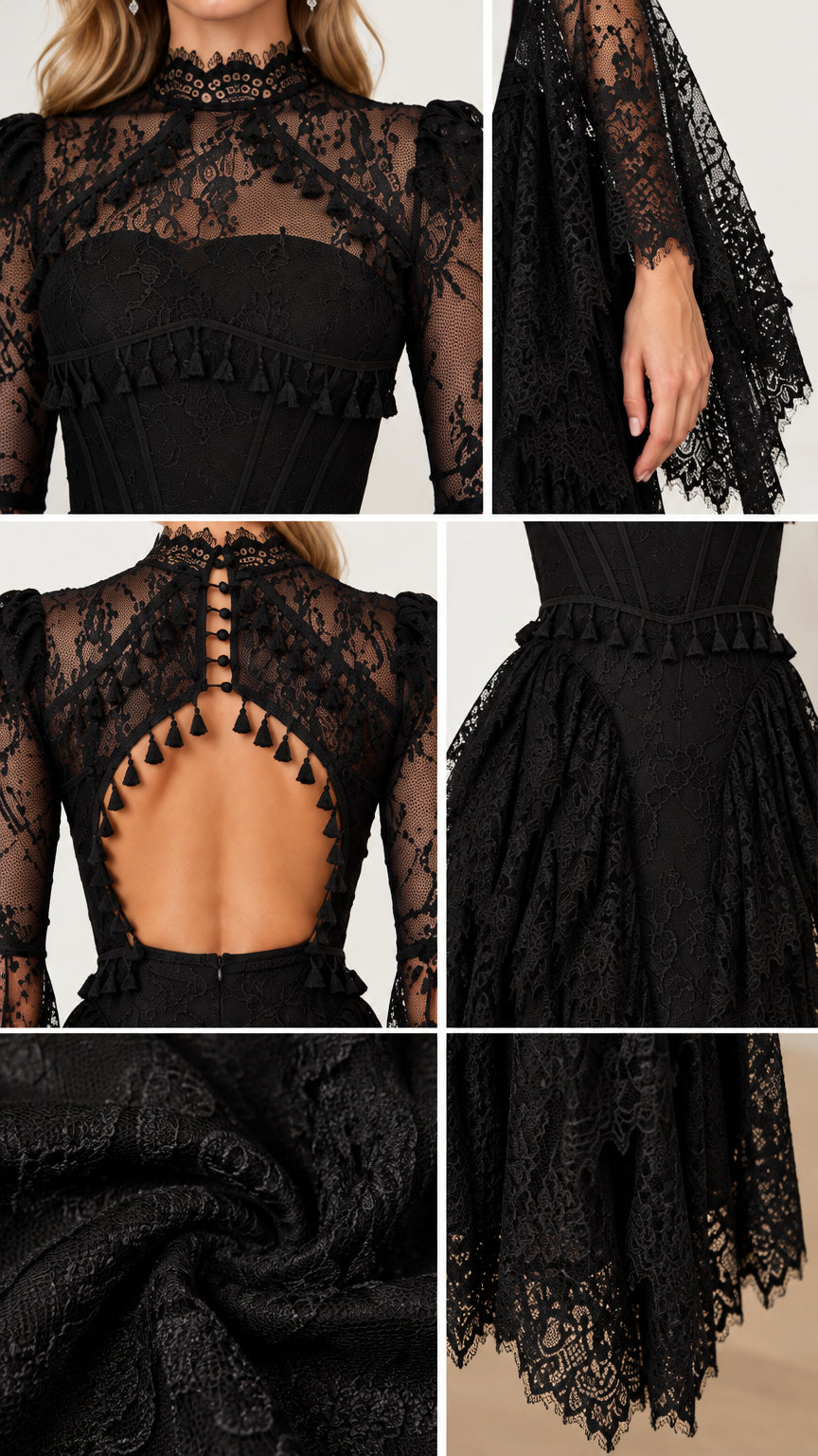 Close-up details of the lace neckline, bell cuffs, open back, and tiered skirt construction