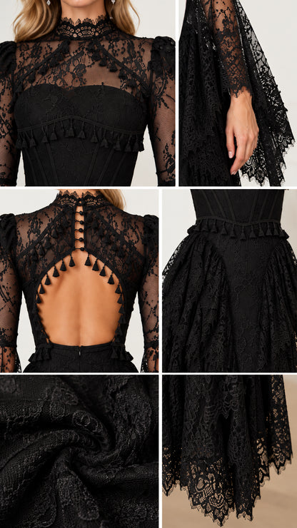 Close-up details of the lace neckline, bell cuffs, open back, and tiered skirt construction