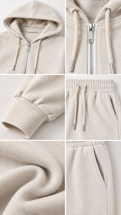 Detailed close-ups of hood zipper, ribbed cuffs, drawstring waistband, soft fleece texture, and pockets