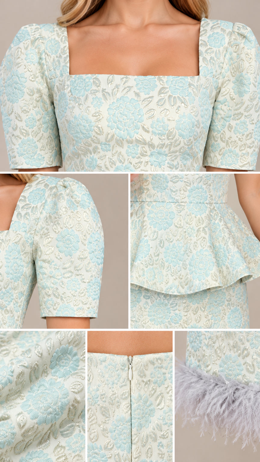 Close-up details of square neckline, puff sleeve, peplum waist, zipper, and feather trim