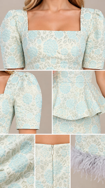 Close-up details of square neckline, puff sleeve, peplum waist, zipper, and feather trim
