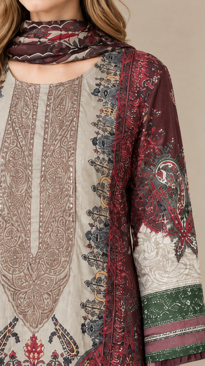 Close-up detail of ornate paisley neckline and printed scarf on burgundy tunic