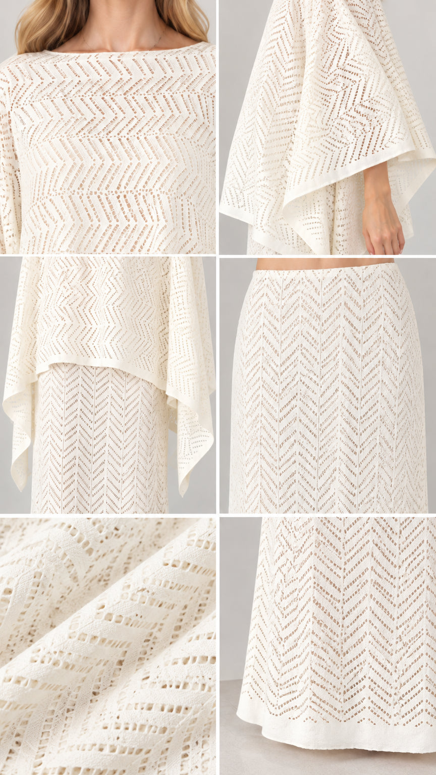 Close-up details of chevron pointelle knit texture, neckline, and drape