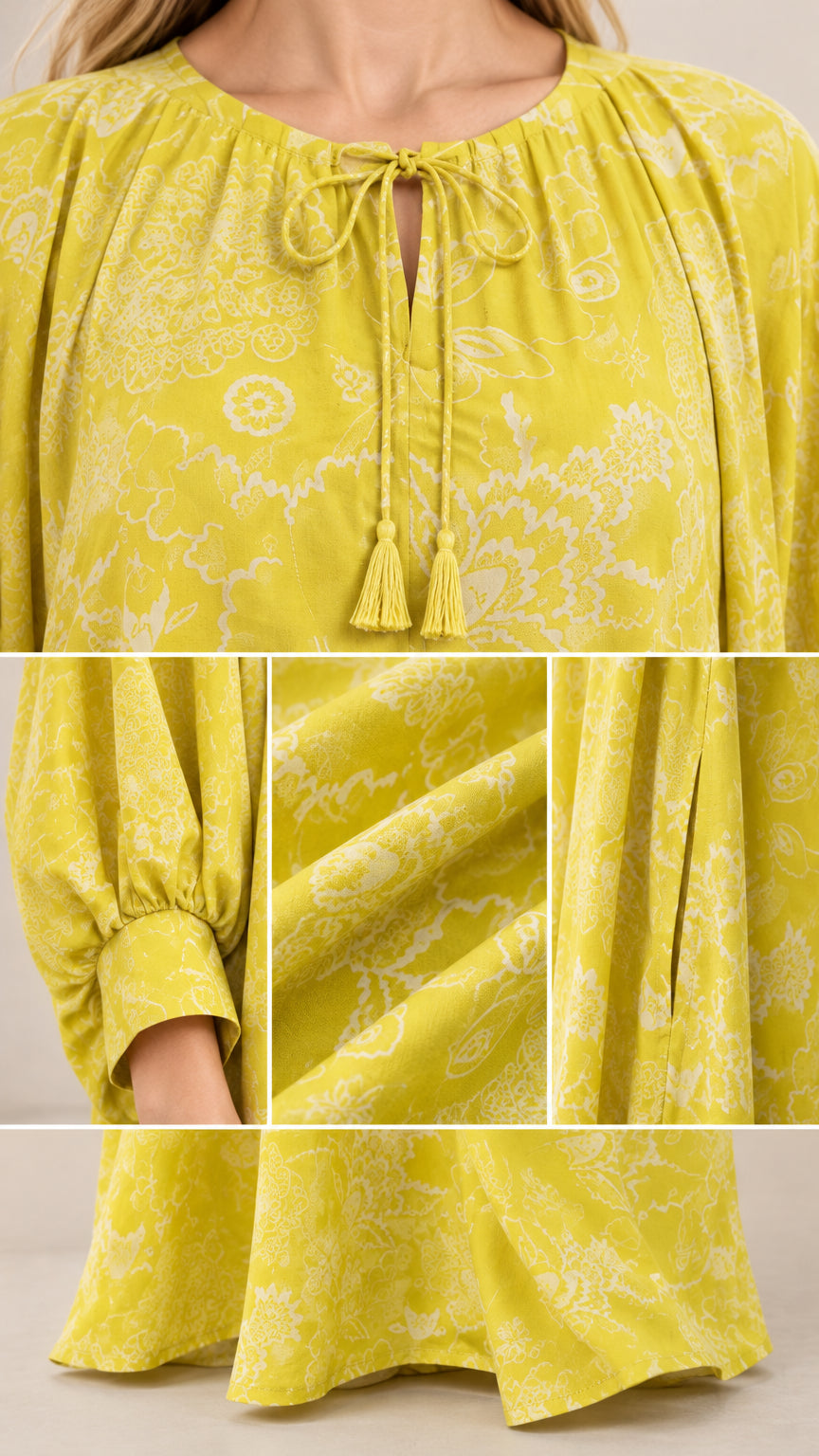 Close-up details of neckline tassel tie, gathered sleeve cuff, fabric drape, and hem