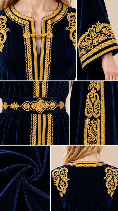 Close-up details of gold embroidery, neckline toggle, and velvet texture
