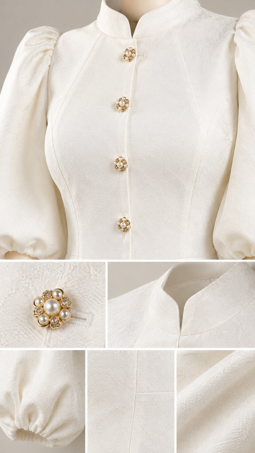Close-up details of the ornate pearl buttons, mandarin collar, textured fabric, and cuff