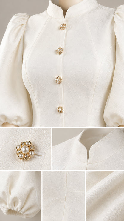 Close-up details of the ornate pearl buttons, mandarin collar, textured fabric, and cuff