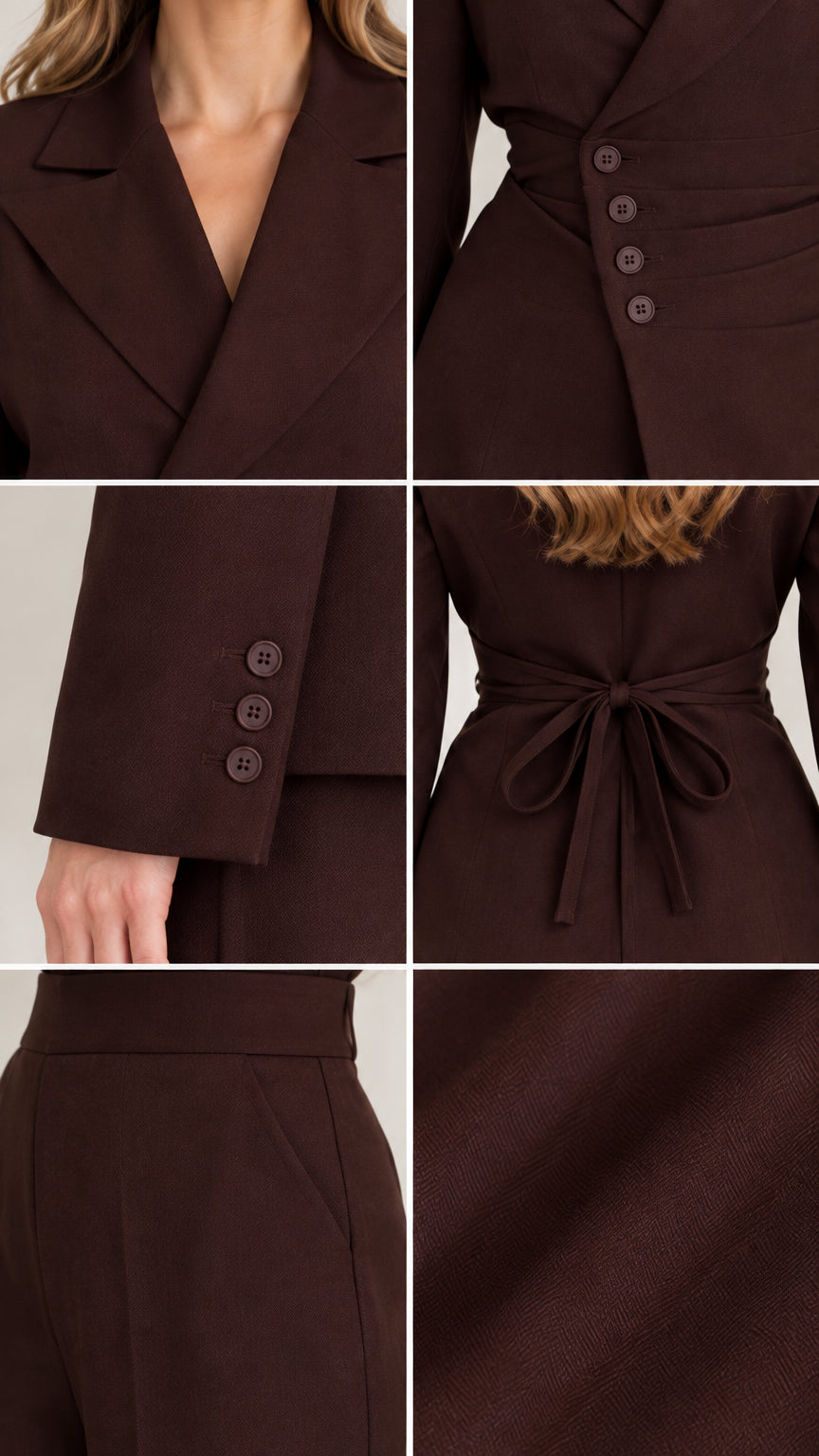 Detailed close-ups of lapel, side buttons, sleeve cuffs, and back tie