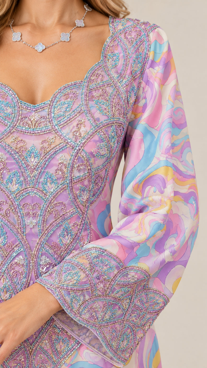 Close-up detail of intricate beading on neckline and cuff of swirl print dress