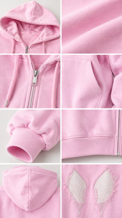 Close-up detail collage showing hoodie zipper, pockets, cuffs, and soft fabric texture