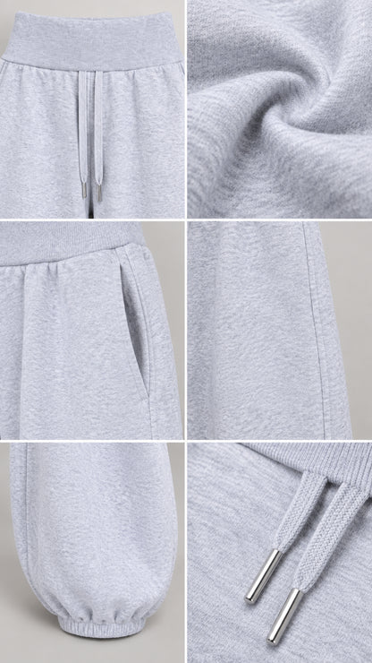 Fabric and design detail shots showing drawstring waistband, pocket, fleece texture, and cuffed hem