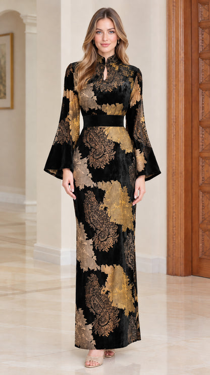 Full-length black floral jacquard velvet maxi dress with high neck