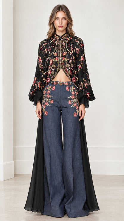 Front view of black floral embroidered high-neck cape paired with flare pants