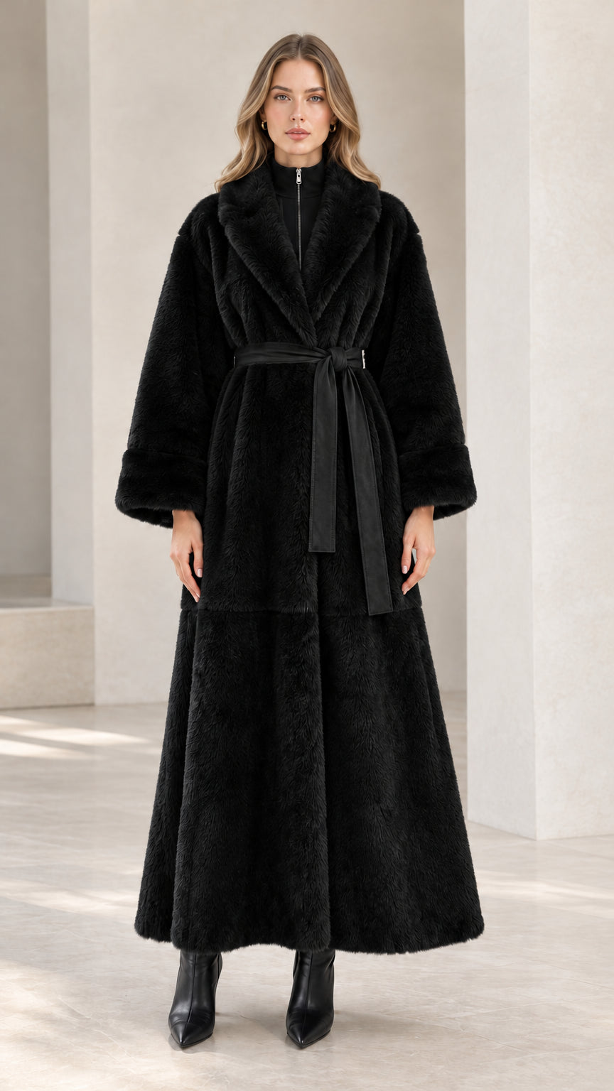 Front full view of black belted faux fur maxi coat