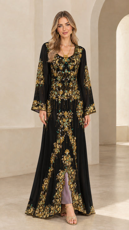 Front full-length view of black beaded embroidered evening kaftan dress