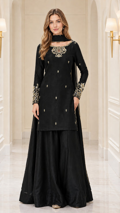 Full front view of black embroidered kurta sharara set