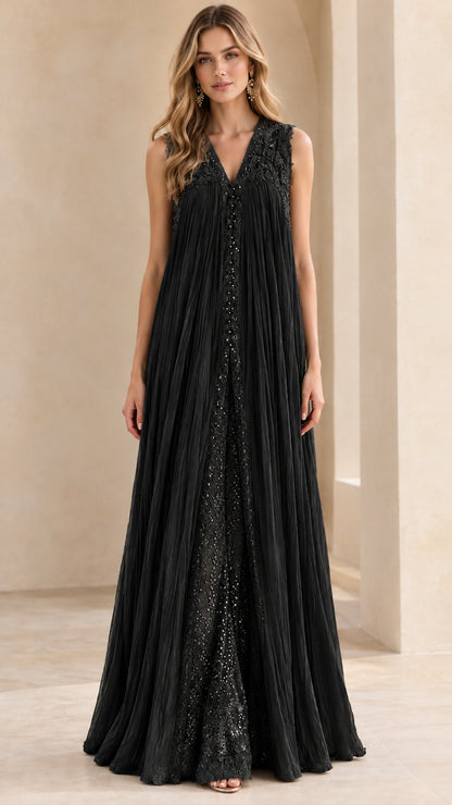 Full length black embroidered pleated tunic and shimmer wide-leg pants set