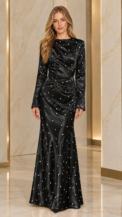 Black polka dot satin evening maxi dress with hip chain detail
