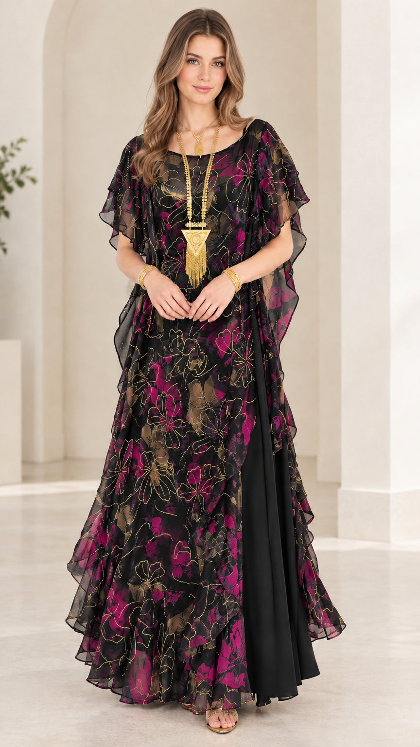 Black floral chiffon tiered kaftan maxi dress front view