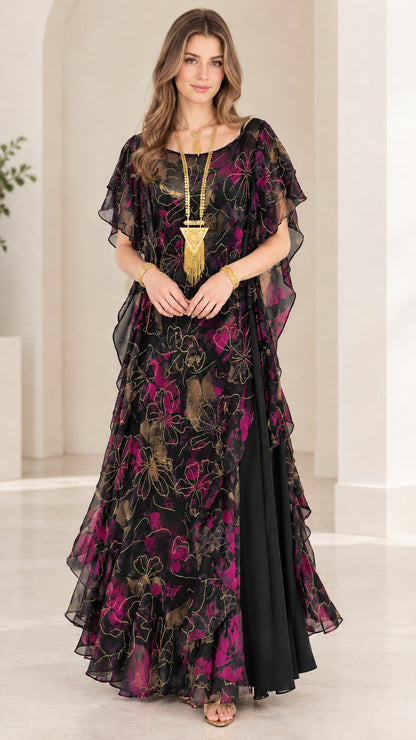 Black floral chiffon tiered kaftan maxi dress front view