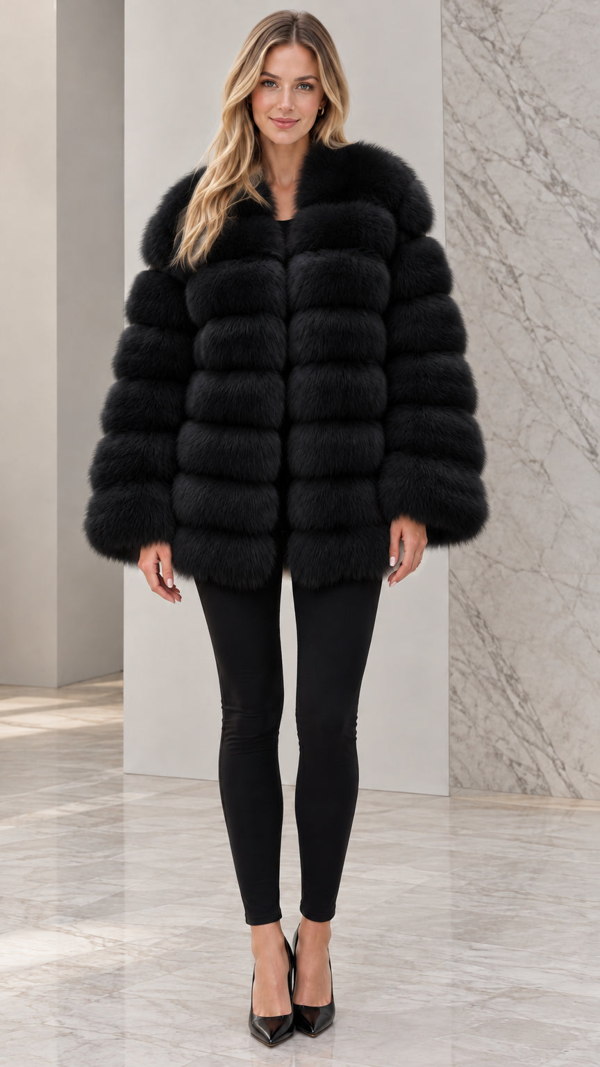 Front view of model wearing black striped faux fur mid-length jacket