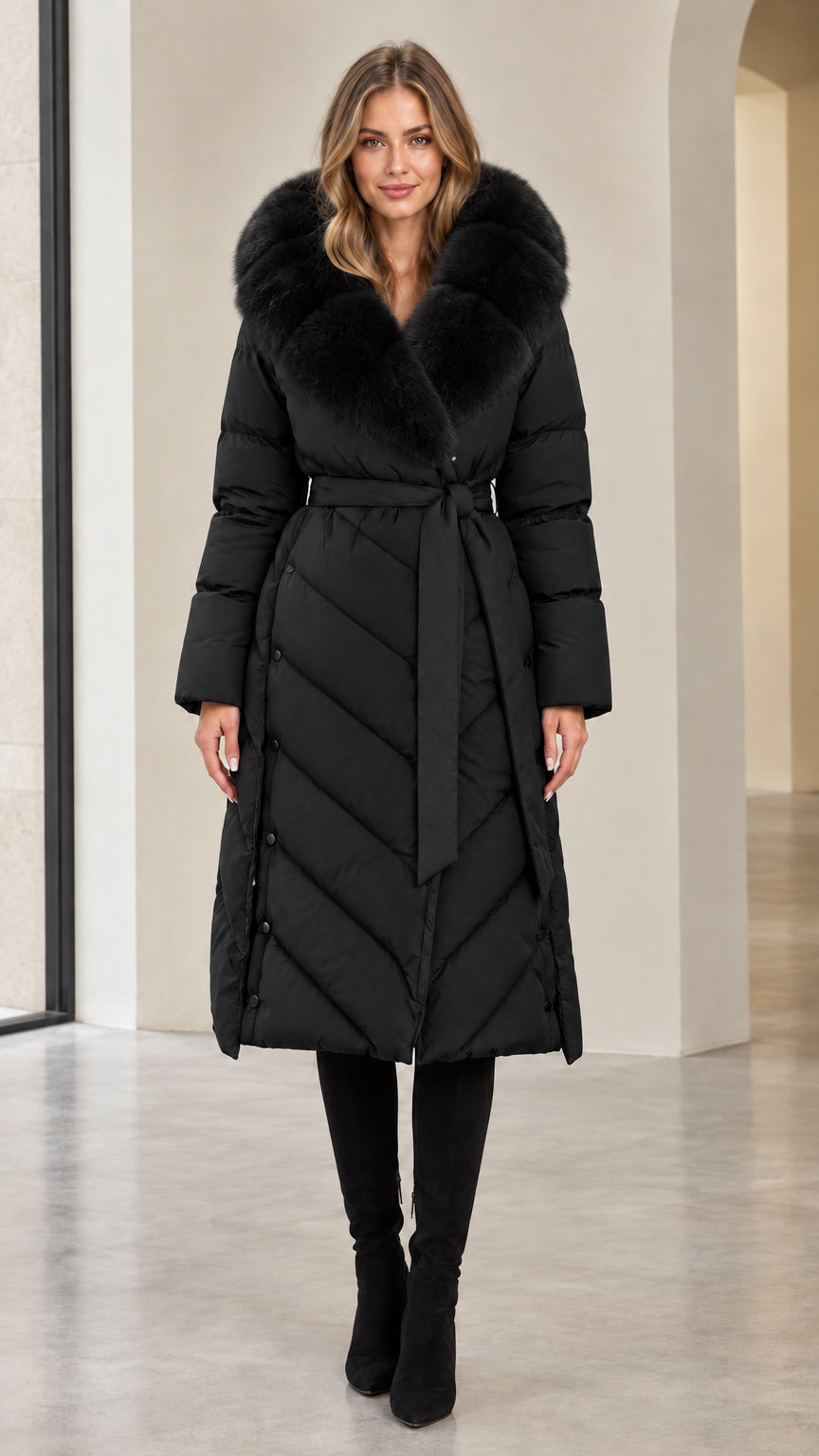 Full-length view of woman in classic black belted long puffer coat with black faux fur collar