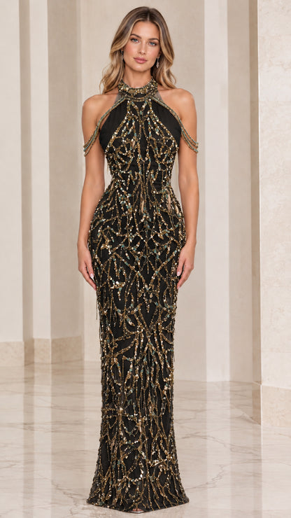 Black and gold embellished halter neck formal evening gown