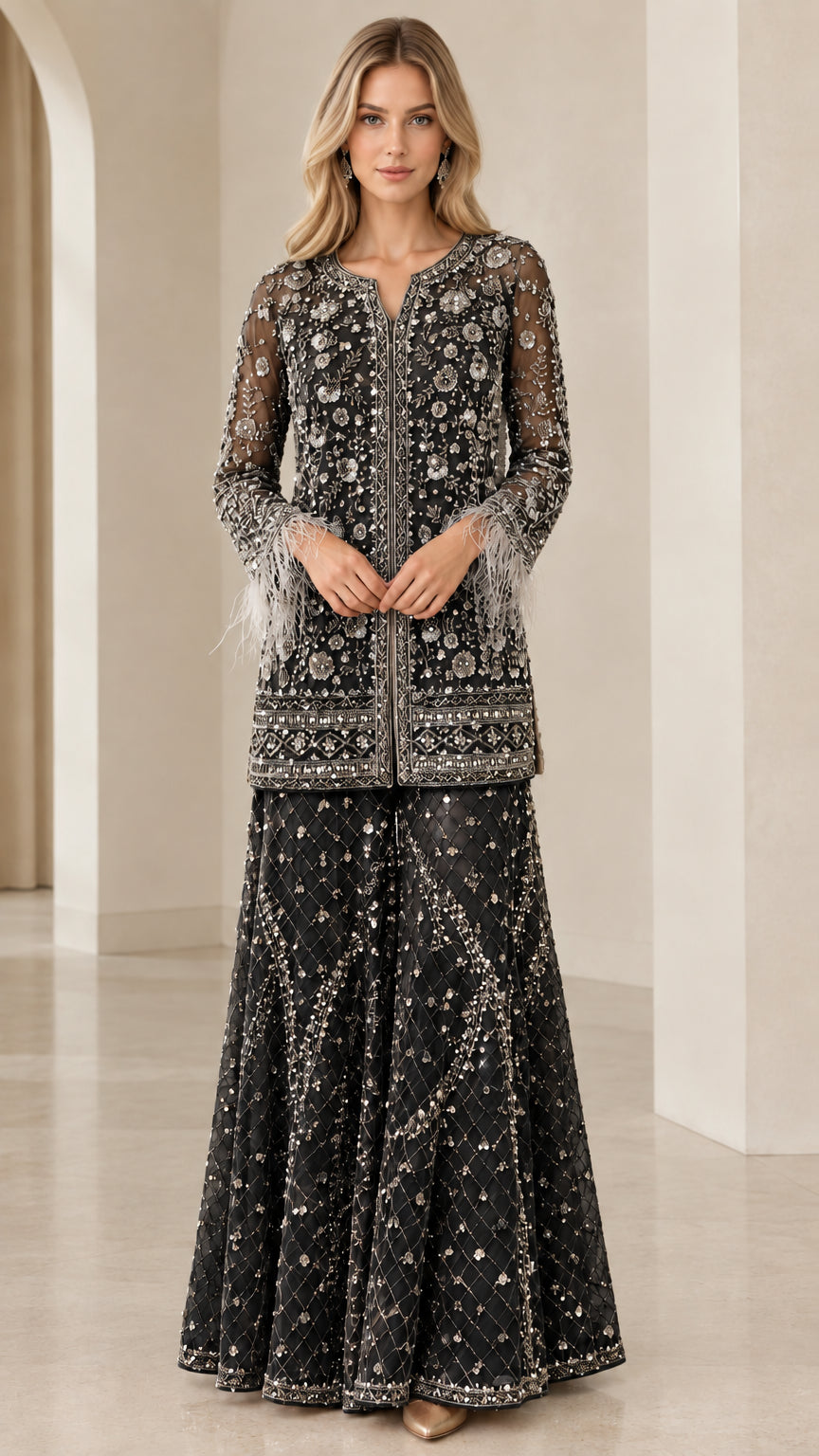 Model wearing black embellished tunic and flared palazzo pant set