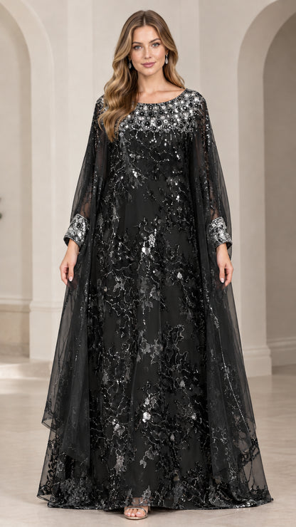 Front view of black sequin cape sleeve maxi evening gown