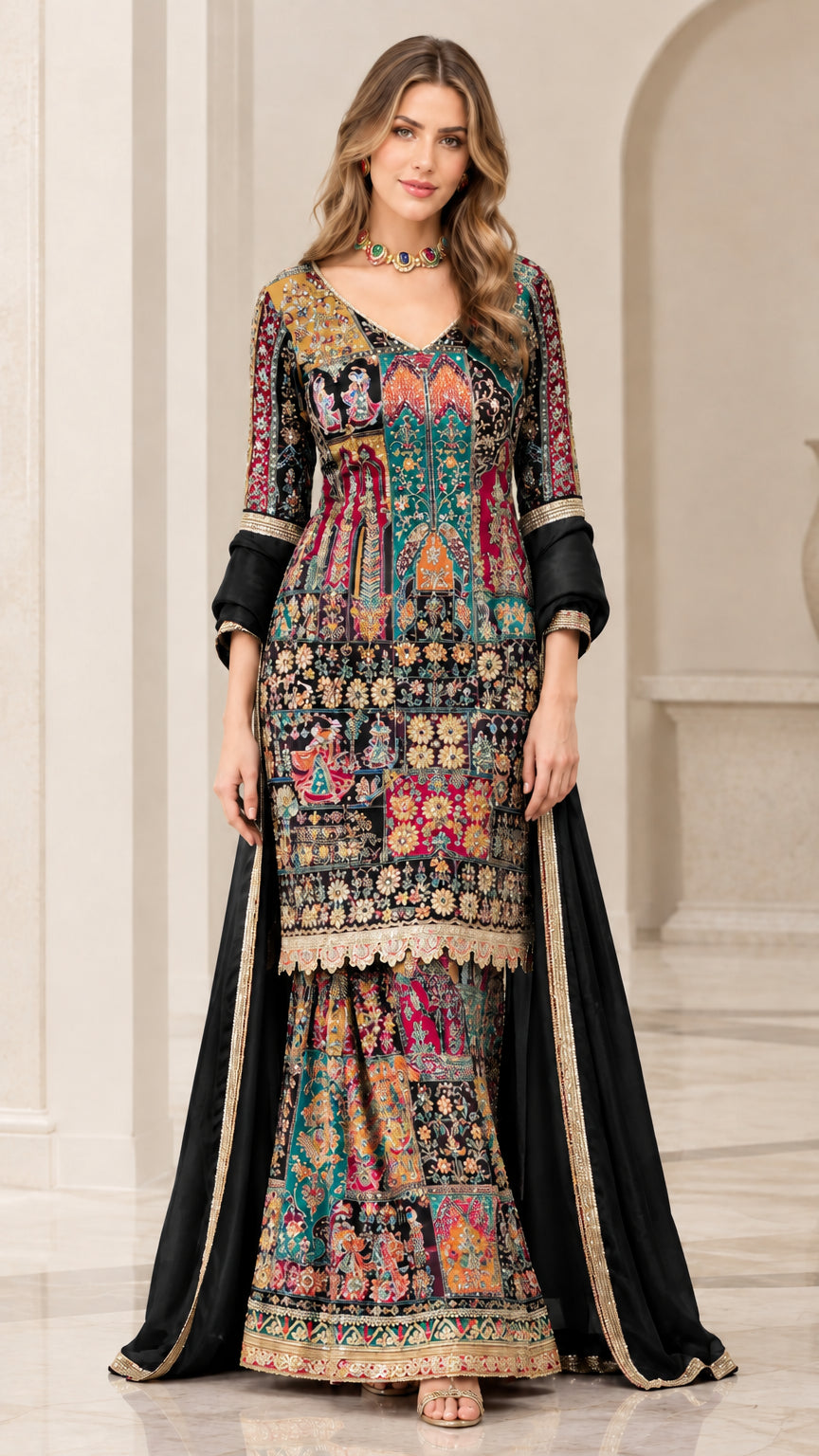 Black color variant of embroidered printed sharara suit set with matching dupatta