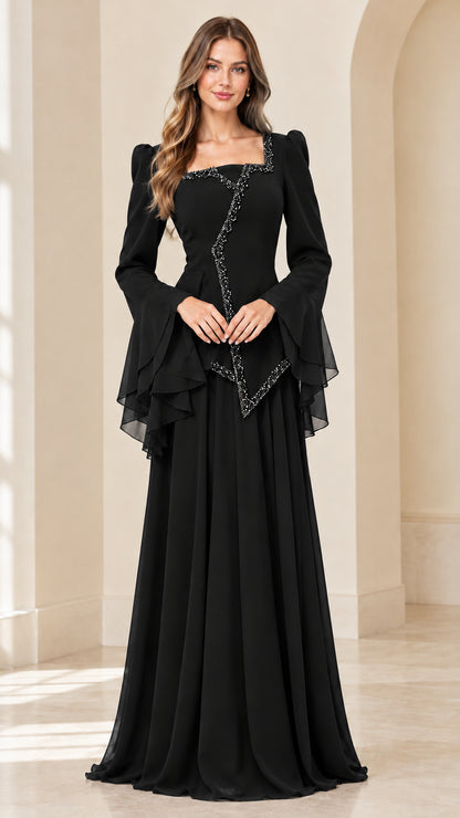 Black square neck beaded chiffon formal gown with flared tiered sleeves