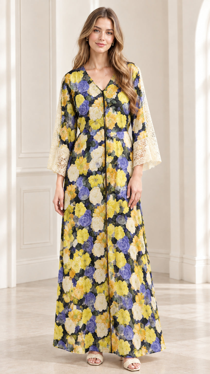 Front full-length view of model wearing Black Floral maxi dress with lace sleeves