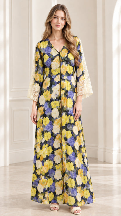 Front full-length view of model wearing Black Floral maxi dress with lace sleeves