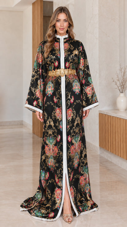 Black floral brocade kaftan maxi dress with gold belt