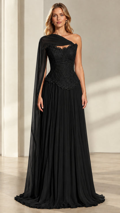 Black one-shoulder cape beaded lace formal evening maxi dress