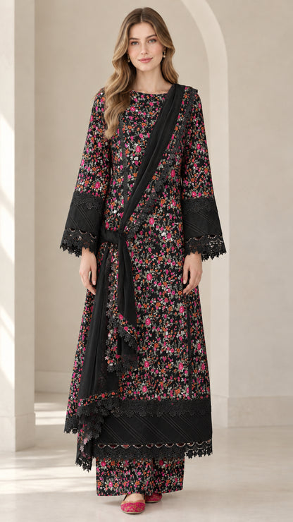 Front view of woman wearing Black floral print 3-piece tunic and pant set